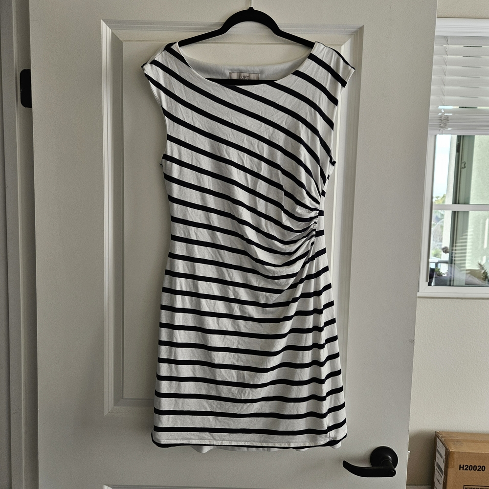 LOFT Black and White Striped Midi Dress